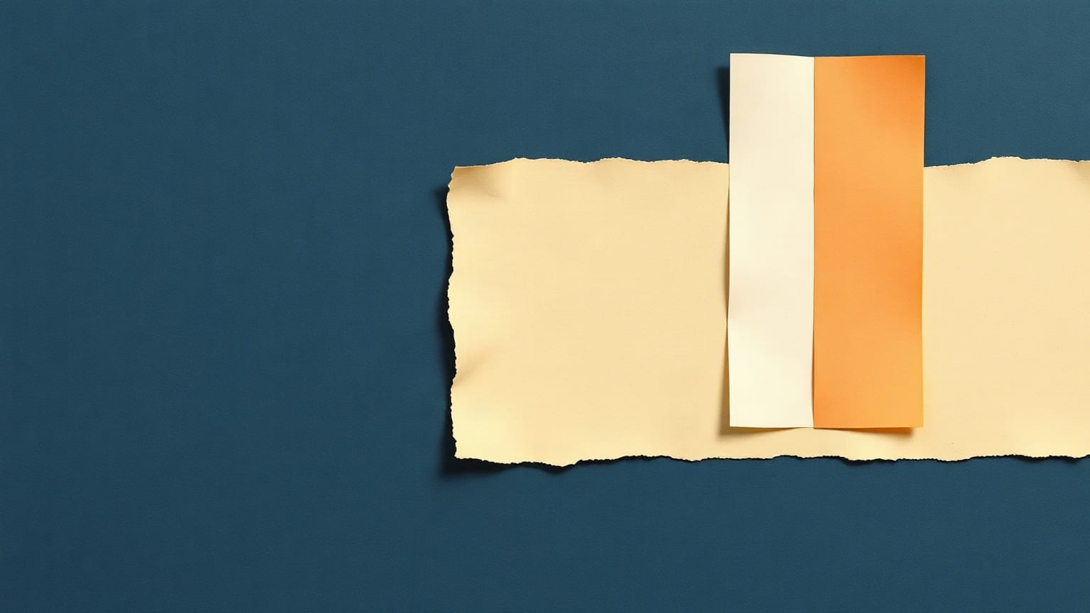 Two upright paper strips, one cream and one orange, standing on a torn cream sheet against deep blue