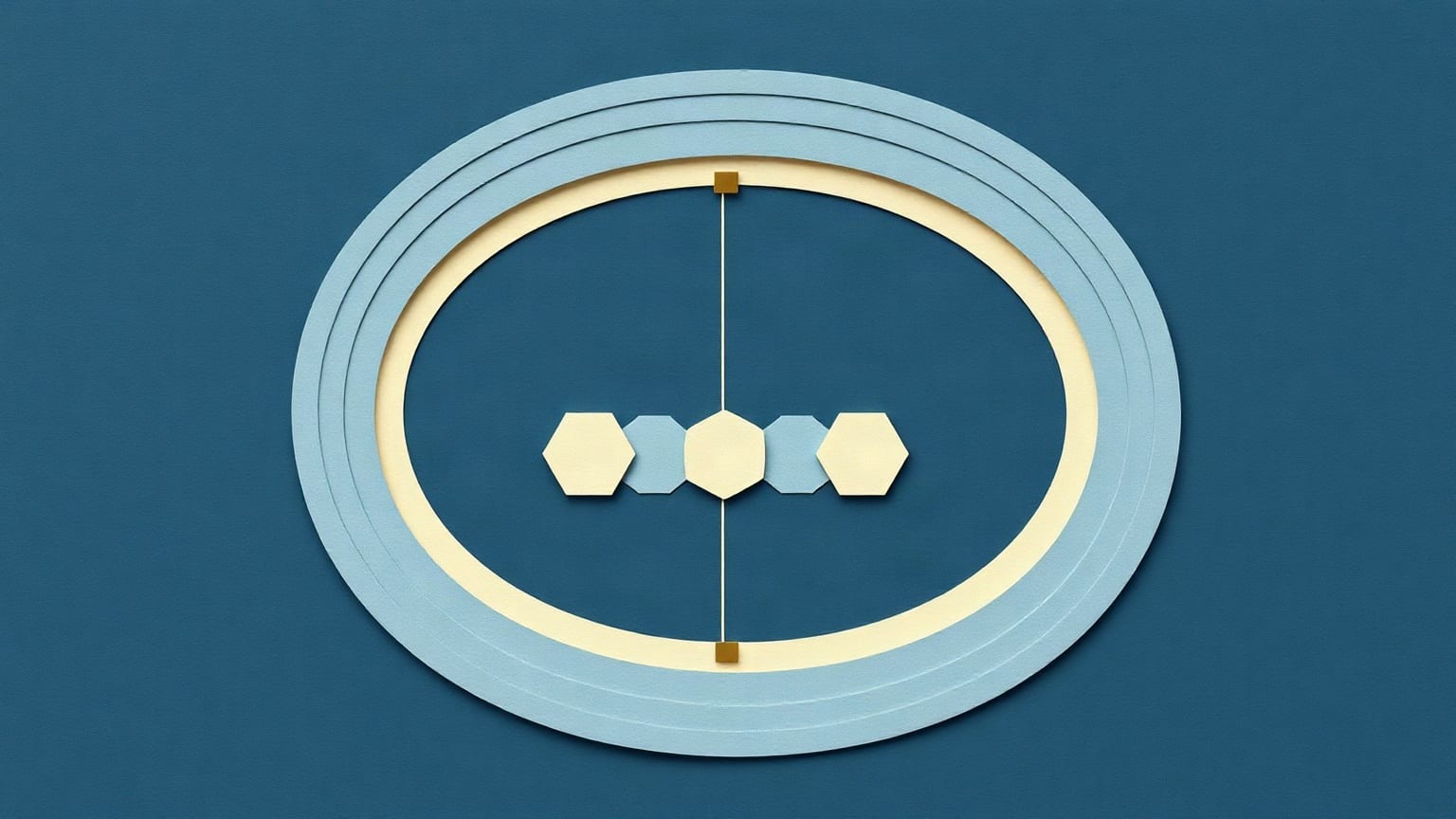 An arena bowl seen from above as concentric paper rings, a chain of linked hexagons across the middle