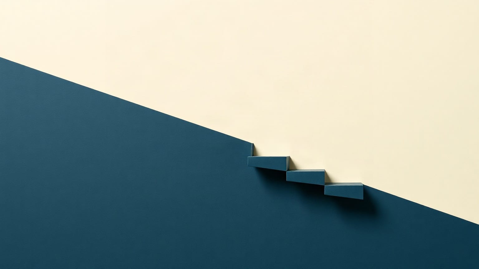 A stepped column of cream paper bars rising steeply on a slate ground, the topmost bar cut back slightly at its right edge