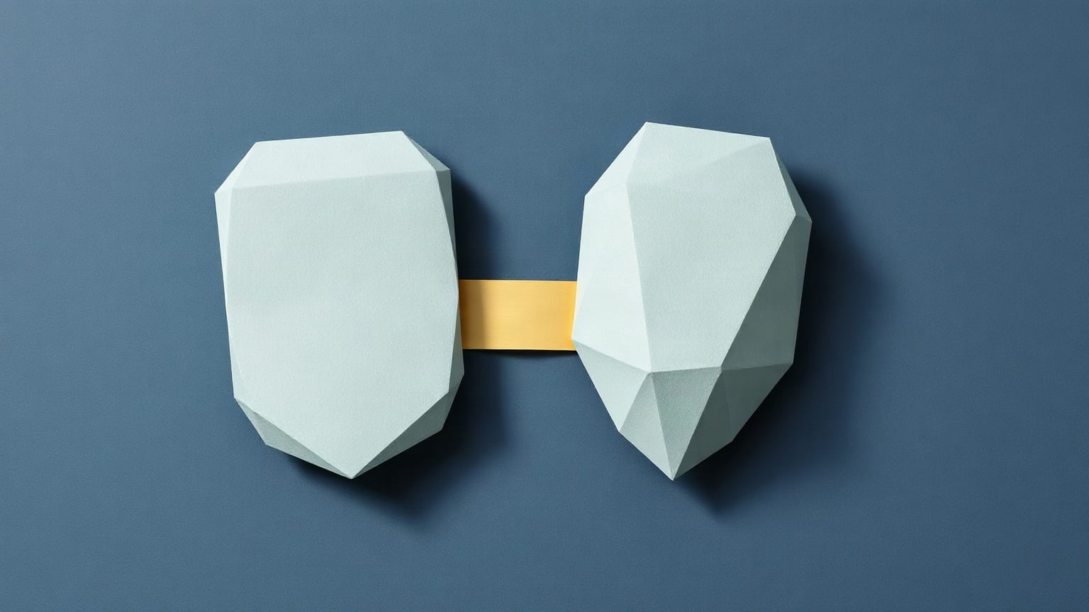 Two cut-paper gem shapes side by side on a slate ground, one pale grey-blue and one cream, a thin brass line between them