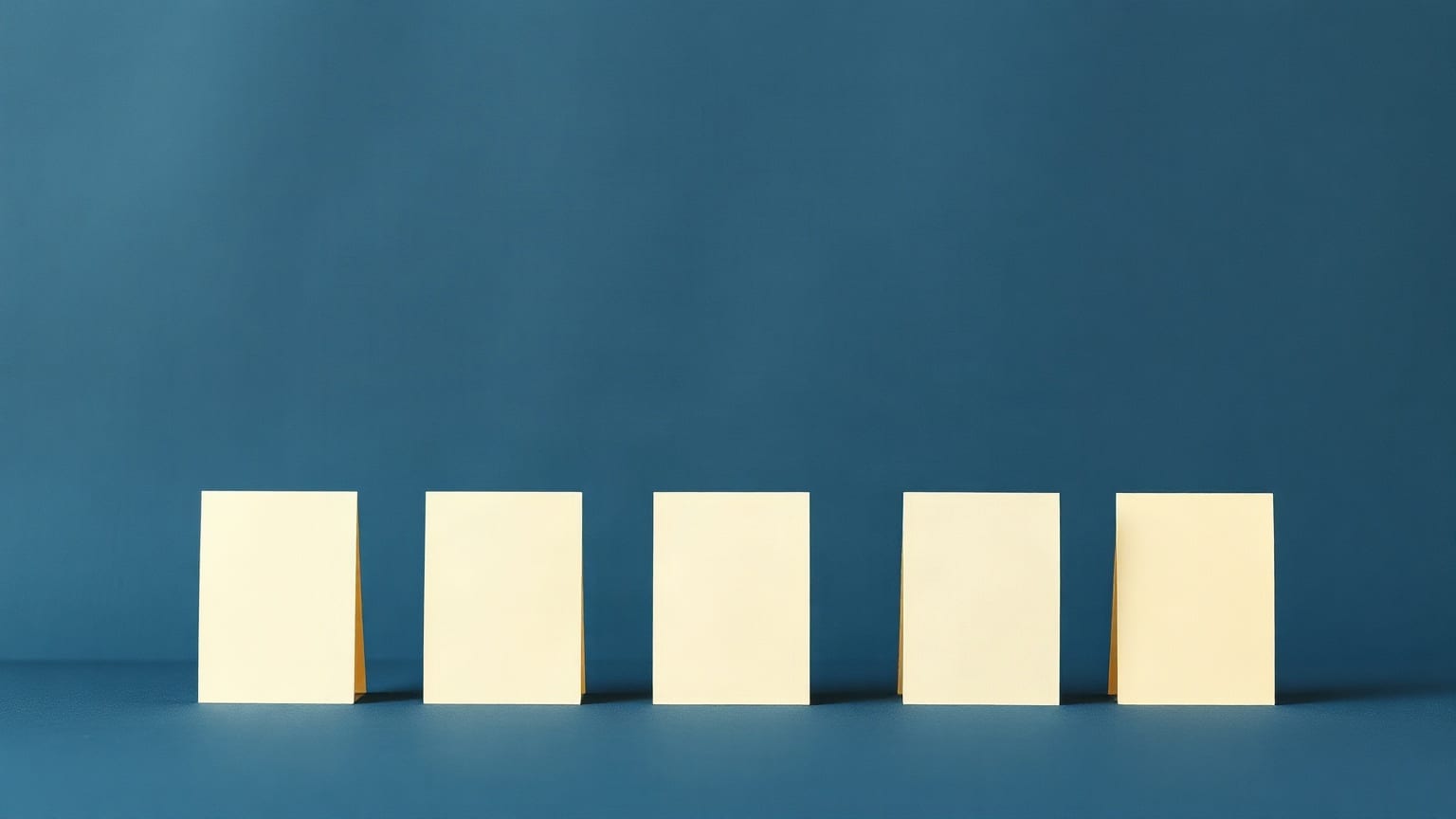 Five blank cream cards standing in a row on a deep slate blue ground, their tops uneven