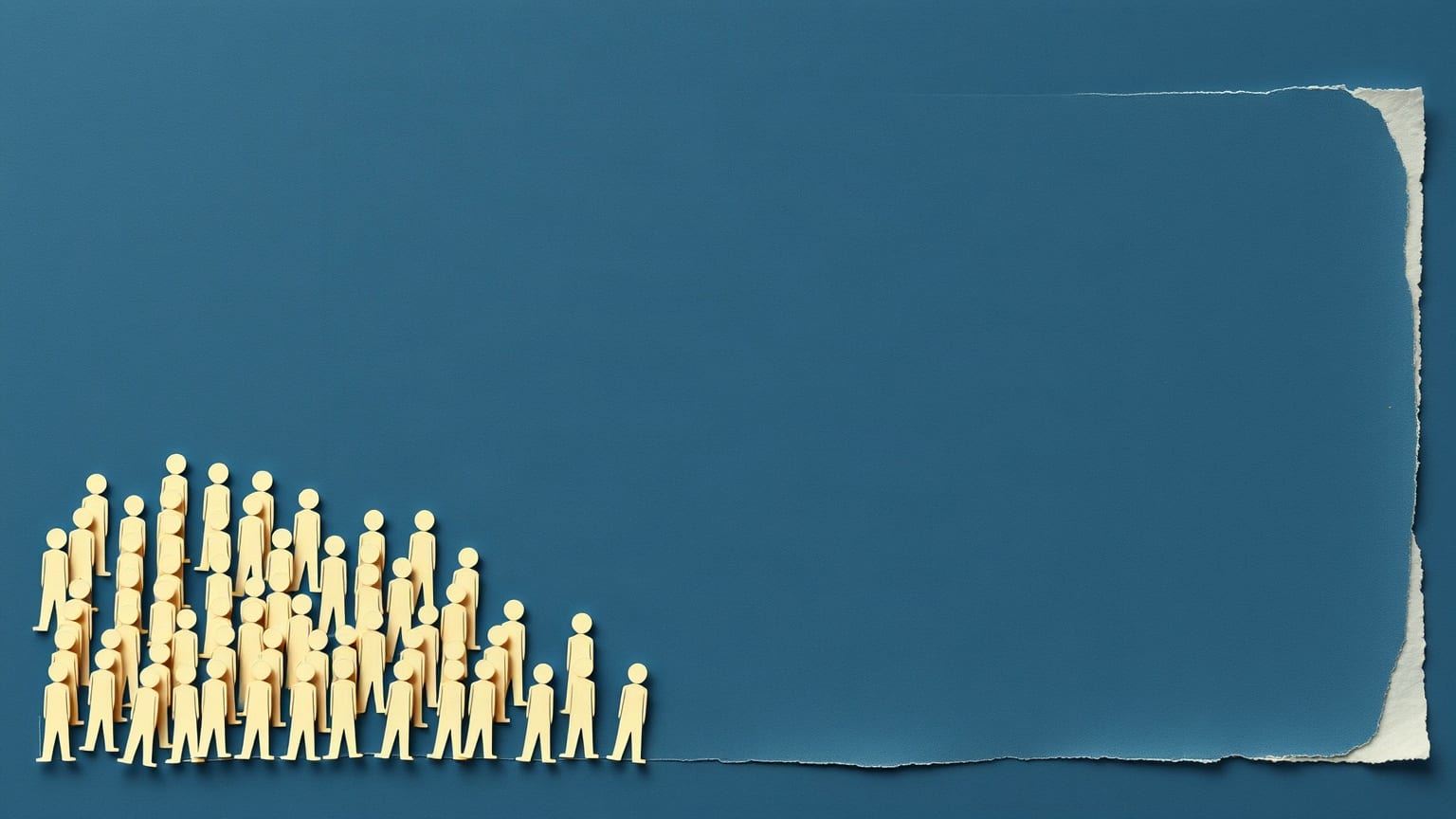 A dense crowd of small upright cream paper figures in the lower left, thinning to single figures, with the rest of the slate-blue ground left empty behind a torn paper edge