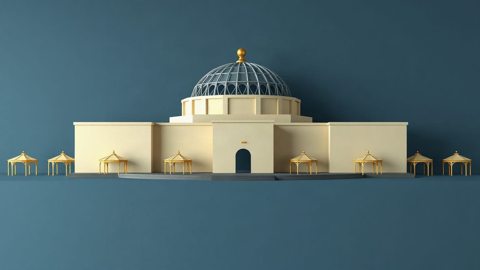 A domed exhibition hall in cut paper with an avenue of small pavilions leading to it