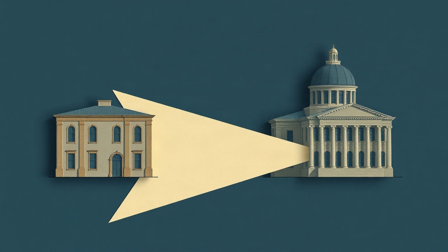 Two exhibition halls in cut paper with a broad arrow crossing between them