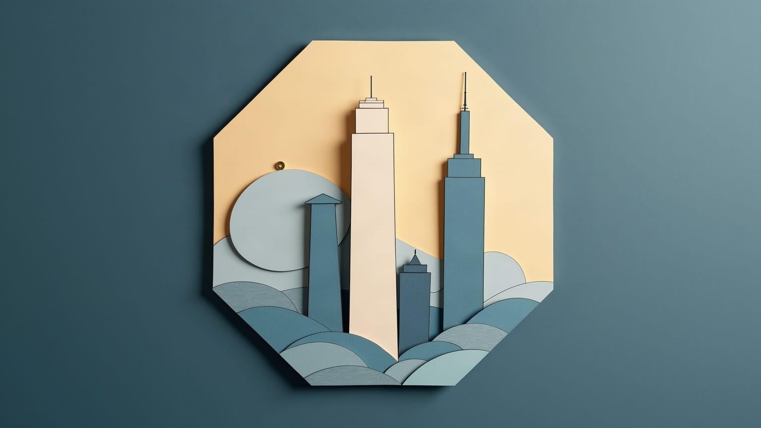 Cut-paper illustration: a hexagonal disc overlapping two tower silhouettes.