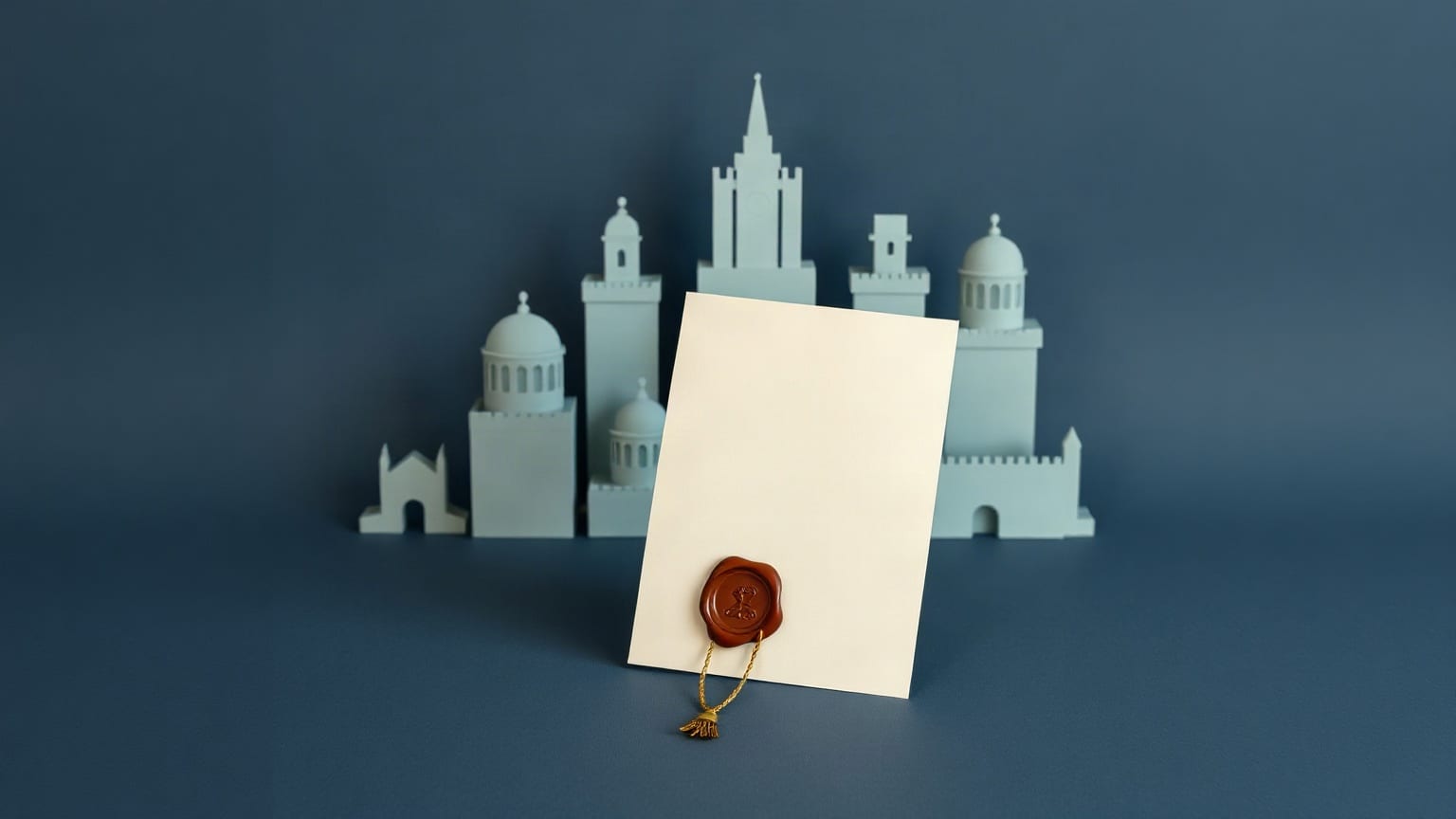 Cut-paper illustration: a sealed document standing in front of a cluster of towers.