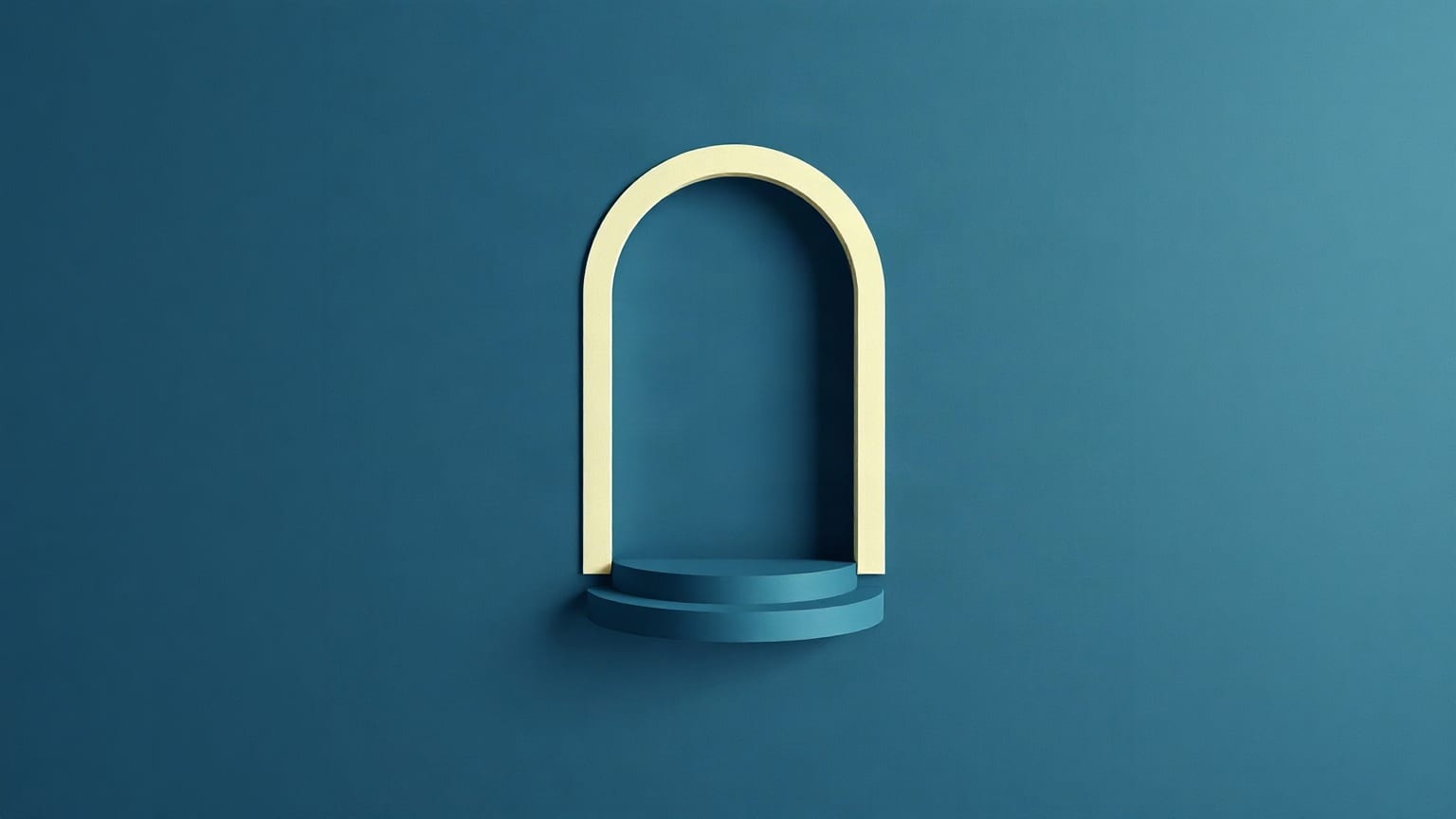 Cut-paper illustration: a pale arch standing alone on a slate-blue ground, with a low round step beneath the opening.