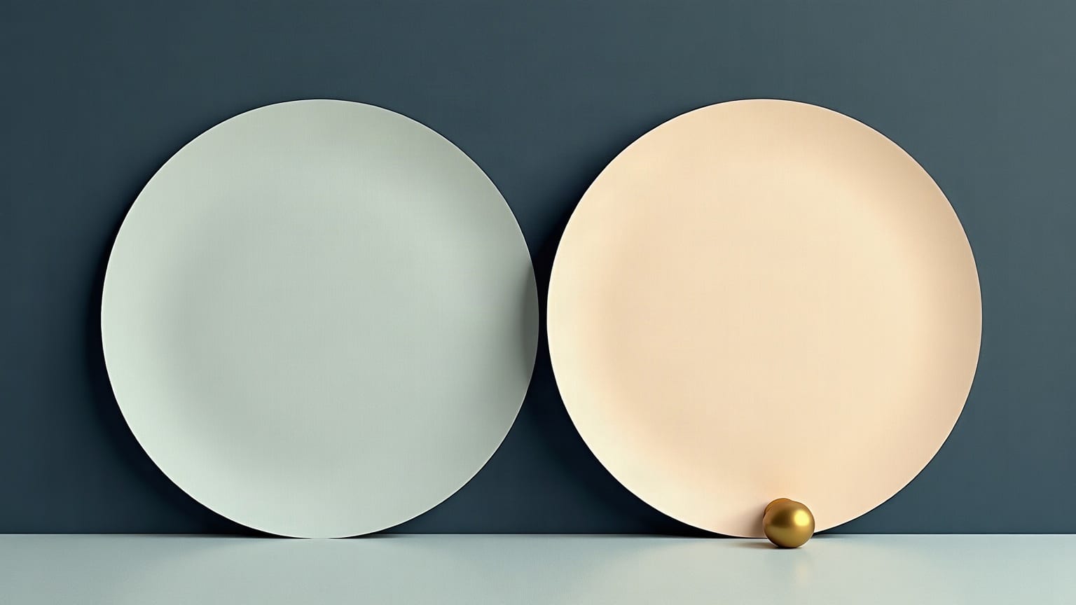 Cut-paper illustration: two large discs standing on edge side by side, one pale grey and one cream, with a small brass sphere at the foot of the second.