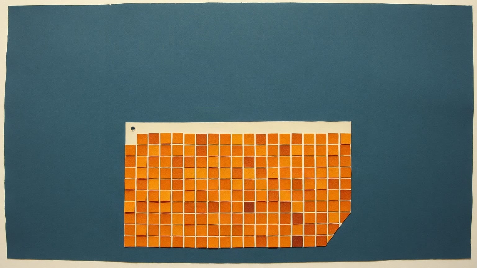 A dense block of small amber paper squares set on a pale panel against a deep blue ground