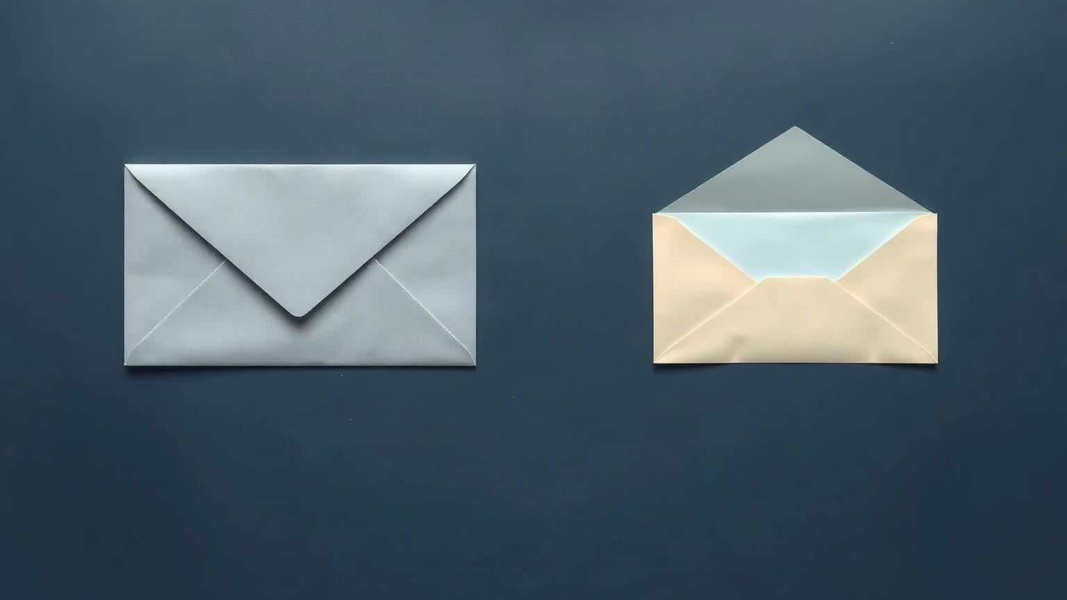 A sealed paper envelope beside an open one of the same size, its flap folded back