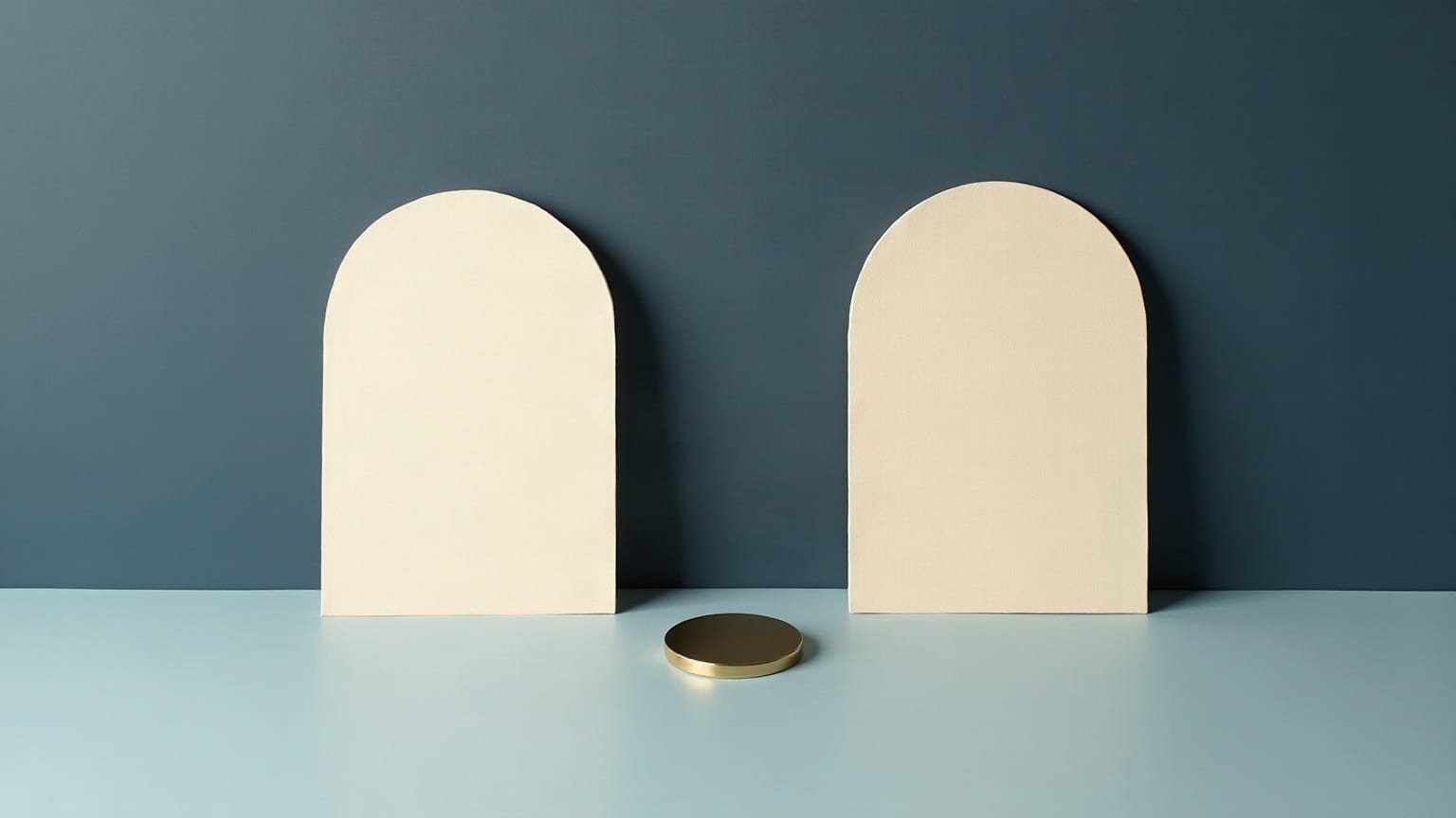 Cut-paper illustration: two pale paper shapes facing each other across a small brass disc on a slate-blue ground.