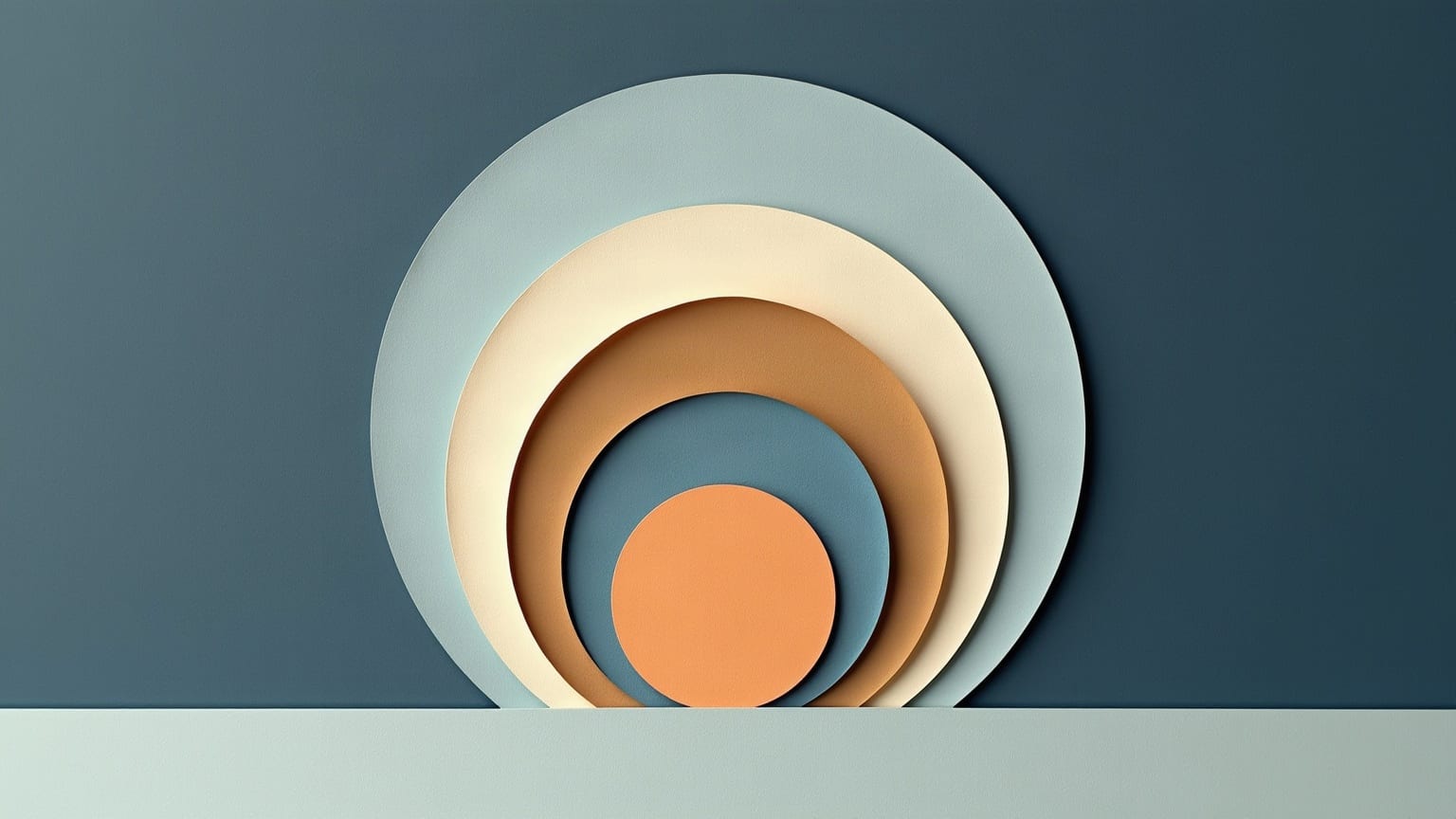 Cut-paper illustration: four paper rings of decreasing size resting one inside another, in pale blue, cream and ochre on a slate-blue ground.