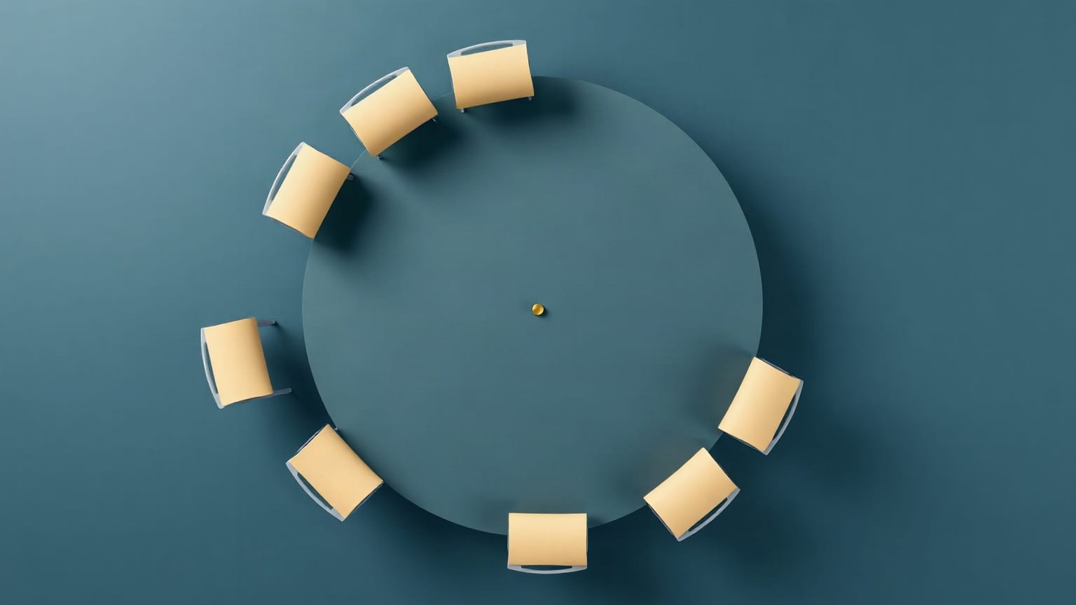 A round table seen from above with evenly spaced seats around its rim